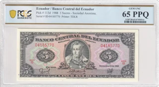 Ecuador 1988 5 Sucres Pick-113d PCGS Gem UNC 65 PPQ