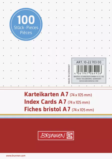 BRUNNEN 10-2270300 Karteikarten Karteikarton 180 g/m² A7 quer dotted weiß NEU