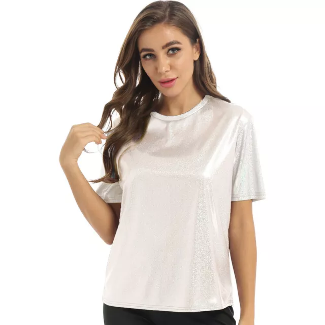 Womens Sparkly Shiny Metallic Tops Casual T-Shirt Blouse