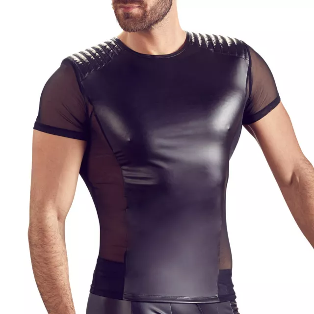 T-shirt uomo matter wet look lucido trasparente nero sexy rete biker ""Kilian