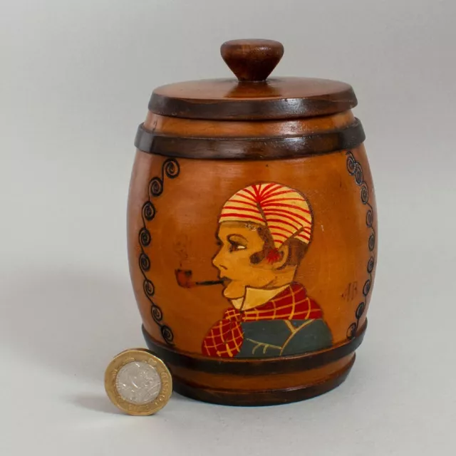 Vintage HAND PAINTED Signed WOODEN Barrel TOBACCO JAR Pipe Smoking Man Design