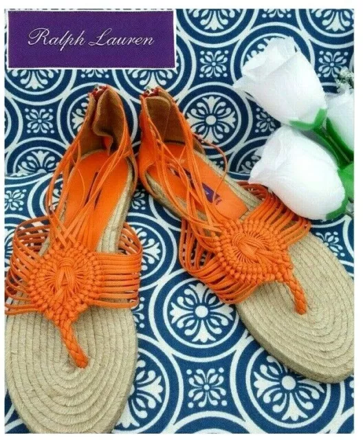 Ralph Lauren   Braided Orange Leather Jute Espadrilles Sandals Flats Size 6.5