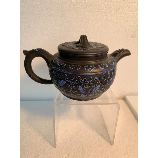 Xiying redware tea pot vintage with bule Enamel Butterflys and flowers