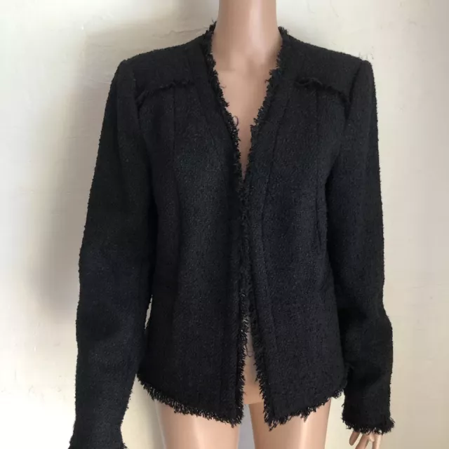 DKNY Black Woven Blazer Open Jacket Warm Winter Coat Women’s Size 14 Fringes