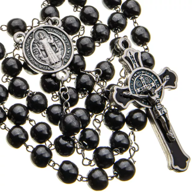 St Benedict Rosary Catholic Black Round Hematite 7mm Beads 21" Men Necklace