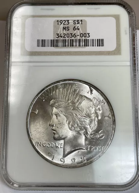 1923-P $1 Peace Silver Dollar NGC MS 64, Old Fatty Holder, Tons Of Luster!