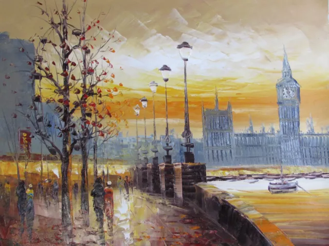 Pintura Oleo Grande Londres Lluvioso Paisaje Contemporaneo Inglaterra Original