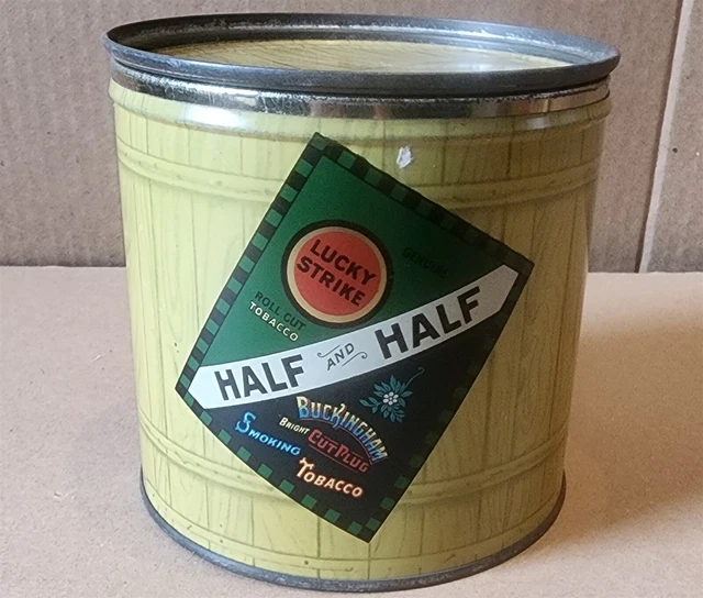 VINTAGE HALF & Half Lucky Strike Tobacco Tin Barrel Buckingham Cut Plug