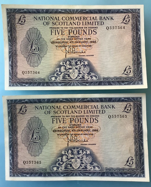 1968 National Commercial Bank of Scotland Five Pound £5 Sequential X2 High Grade