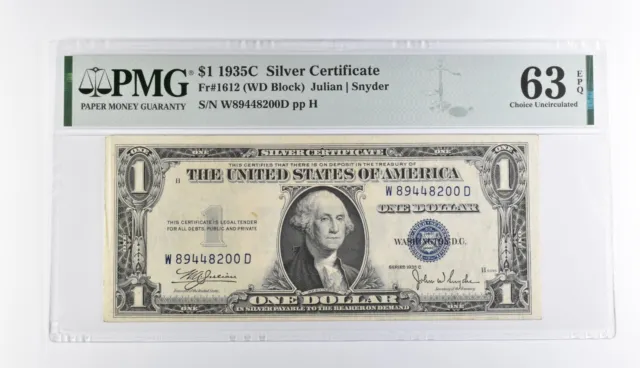 $1 1935-C Silver Certificate 63 EPQ Fr# 1612 (WD Block) PMG Graded *410