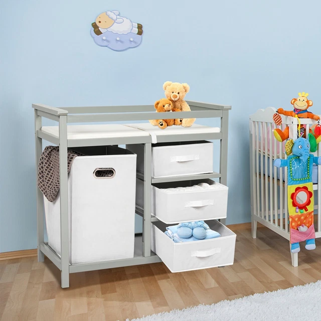 Baby Changing Table Infant Diaper with Hamper, 3 Storage Baskets, and Pad Gray