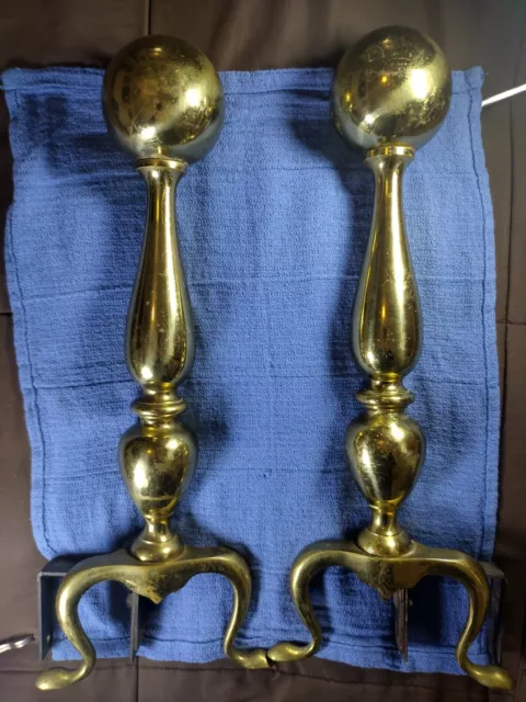 Gorgeous PAIR Brass Ball Andirons w Iron Metal Wood Carriers Fire Dogs