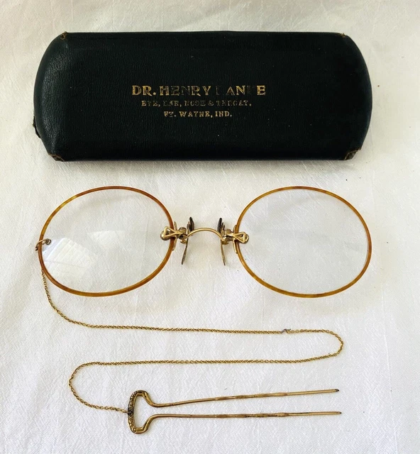 ANTIQUE 2K Gold Filled i& Burgundy PINCE Nez SPECTACLES + Hairpin Chain & CASE