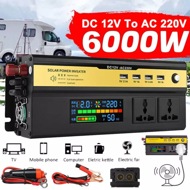 6000W Peak Power Inverter DC 12V to AC 220V Car Converter 4 USB 2 Socket UK SALE