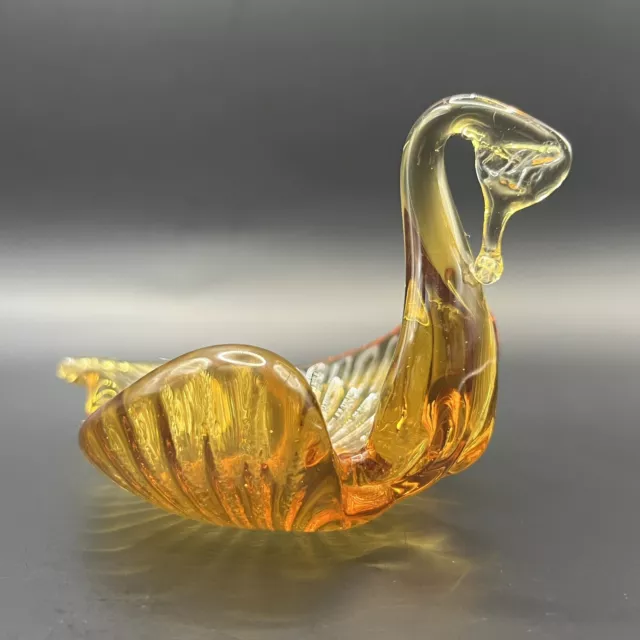 Vintage Amber Hand Blown Glass Swan Trinket Dish Candy Bowl