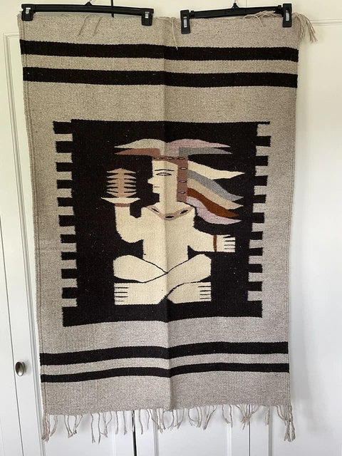 Vintage Hand-Woven Zapotec Wool Rug Natural Dyes Oaxaca Mexico 30” W x 45” L