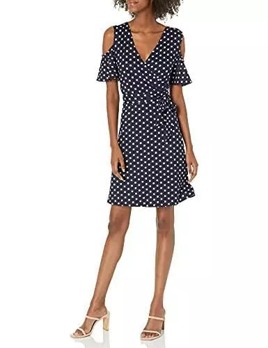 Star Vixen Women's Petite Cutout Cold Shoulder Short Sleeve Faux Wrap Dress,