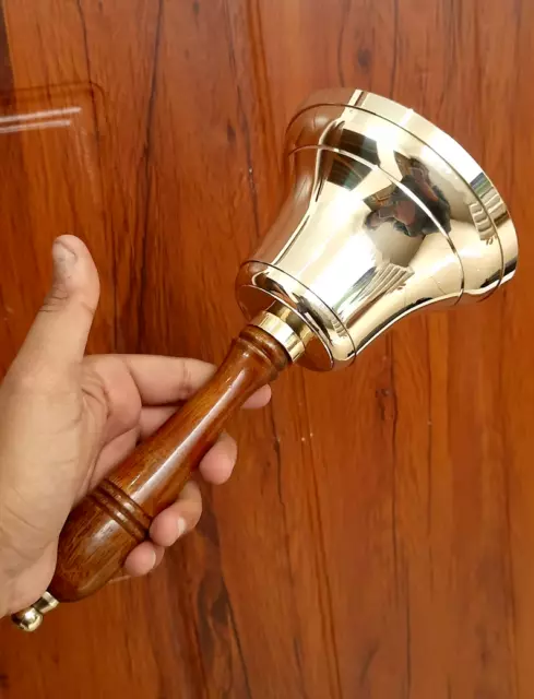 Solid Brass Hand Bell Large & Heavy School Bell Call Service Bell with Wood Hand