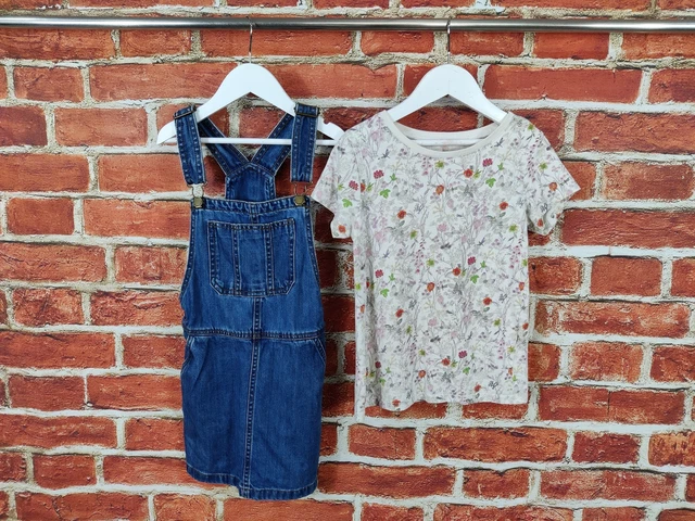 Girls Bundle Age 7-8 Years 100% Next Denim Pinafore Dress Floral T-Shirt 128Cm
