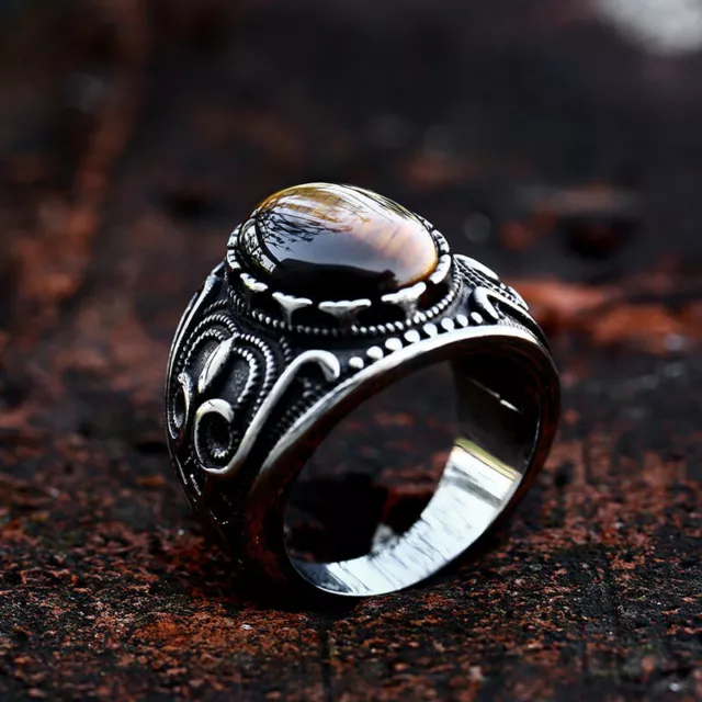 Vintage Tiger Eye Stone Men's Wedding Ring Stainless Steel Classic Signet Ring
