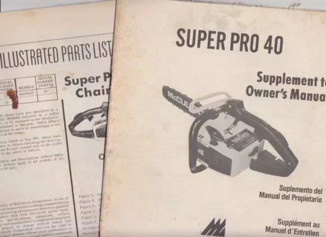 2x MC Culloch Super Pro 40 Chain Saw Kettensäge Teile Gebrauchsanweisung 1975