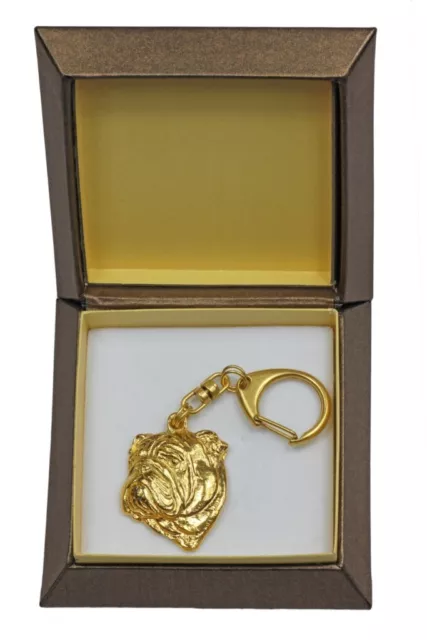 Englische Bulldogge - vergoldet Schlüsselanhänger mit einem Hund, Box Art Dog DE