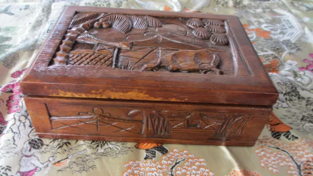 Vintage Hand Carved  timber  Jewellery Box  carved Asian scene