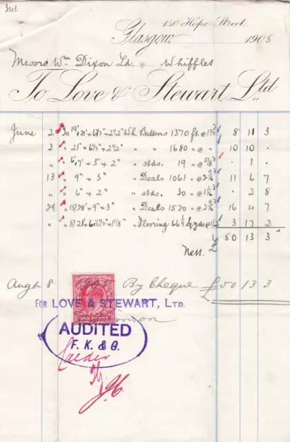 LOVE & STEWART LTD. Hope St, Glasgow 1905 By Cheque Paid Stamp Invoice Ref 49247