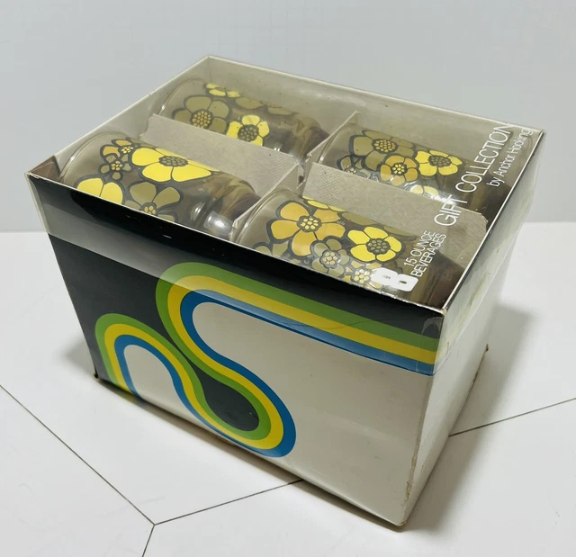 8 VINTAGE ANCHOR Hocking Amber Glasses Tumblers Set Flower Retro NOS