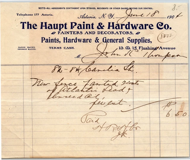 HAUPT PAINT & Hardware Co. 1904 Letterhead Astoria NY Painters and
