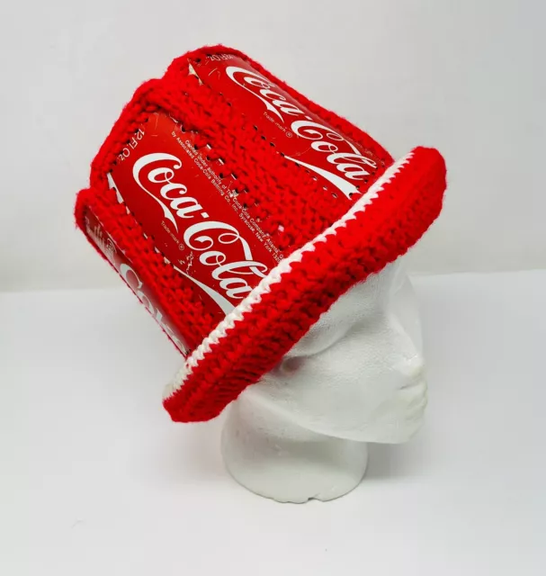 VINTAGE Coca Cola Steel Coke Can Macramé Floppy Yarn Hat Red & White One Size