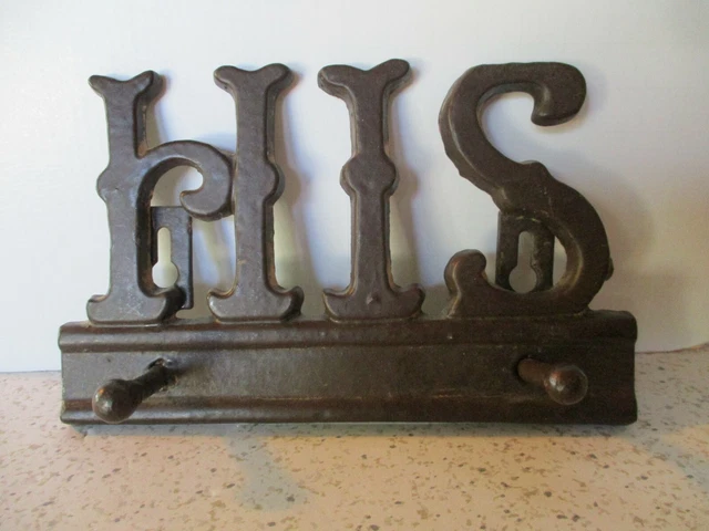 Decorative Wall Hook Rack, "His", Cast Iron, 2 Hooks, 4" H X 6.5" W X 1 1/2" D