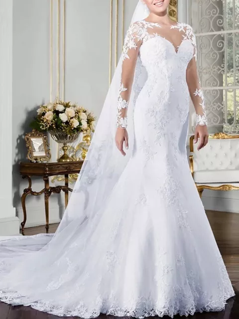 Mermaid Hollow Out Long Sleeve See Through Back Train Wedding Dress Bridal Gown