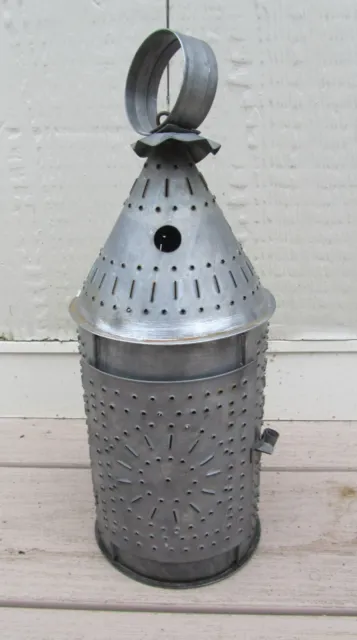 Vintage Punched Tin Hanging Candle Lantern Primitive Paul Revere Style 13"