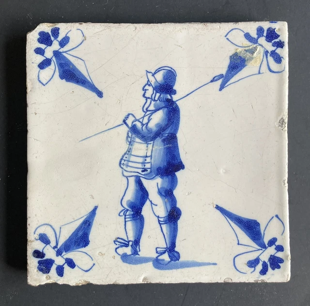 Antique 17th Century Early Dutch Delft Tile Large Soldier Figure Circa 1600’s