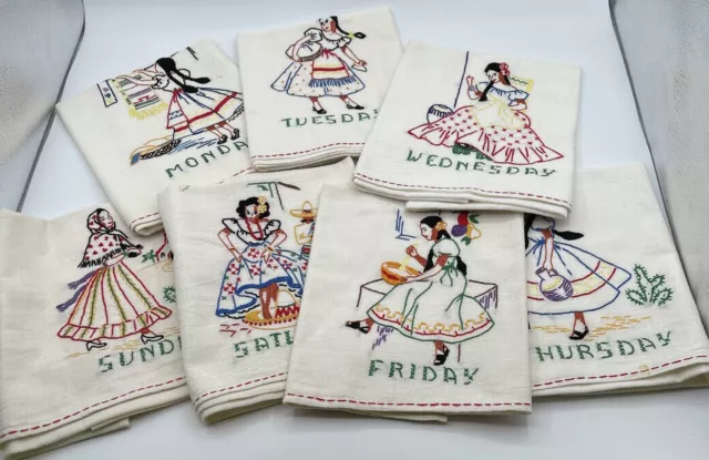 7 Vintage Hand Embroidered Days of Week Chores Tea Towels