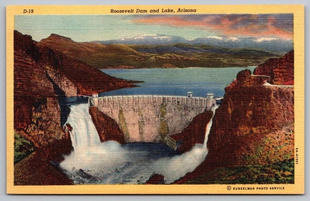 Roosevelt Dam Lake Arizona Aerial View Waterfall Snowcapped Mountain Postcard