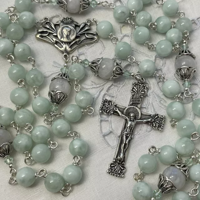 Our Lady of Lilies Rosary in Sterling Silver, Green Angelite, Moonstone, Crystal