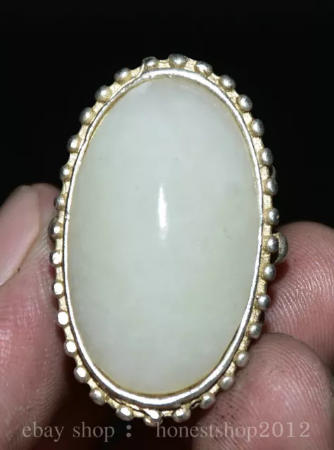 4 cm Chinese Silber Inlay Jade Edelstein Dynastie Blume Muster Frau Schmuck Ring