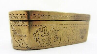 Antique BRASS TABLE SNUFF BOX, DUTCH 19 cent Floral Design name on base