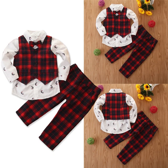 3 Piece Baby Boys Formal Suit Bow Tie Long Sleeve Dress Shirt Tuxedo Vest Pants