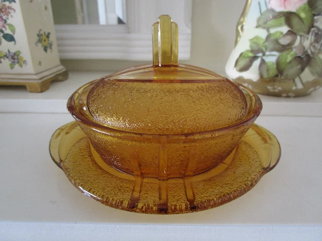 Art Deco Stolzle Amber Depression Glass Preserve Bowl & Lid