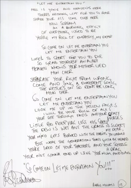 ROBBIE WILLIAMS Signed 'Let Me Entertain You' Lyrics - Pop Singer - preprint