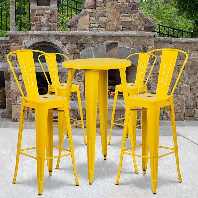 Commercial Grade 24" Round Yellow Metal Indoor/Outdoor Bar Table Set w/4 Cafe St