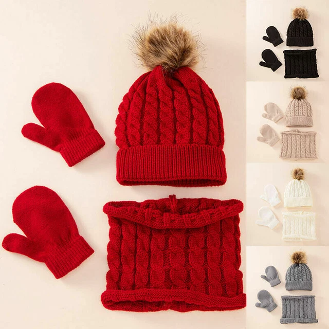 Bambini Ragazzi Ragazze Set 3pezzi Guanti invernali in maglia Beanie Hat Sciarpa