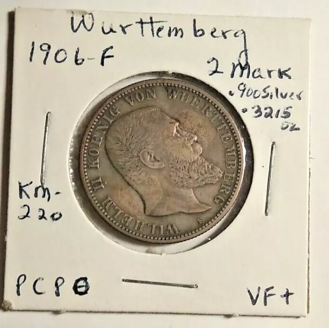1906 F  Empire 2 Mark Wilhelm II King From Württemberg  2 marks km 220
