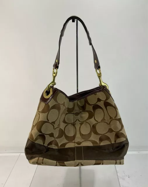 Coach Khaki Brown Signature Jacquard Patent Trim Tote Handbag