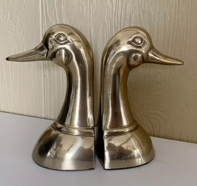 Vintage Leonard Solid Brass Duck Head Bookends Mallard Goose Rustic Cabin Lodge