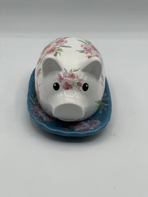 Moderna Cottage Rosa Floral 2023 Cerdo Mantequilla Plato Azul Base Granja