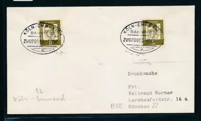 03550) Bahnpost Ovalstempel Köln - Emmerich ZUG 00092 a, DS 1967